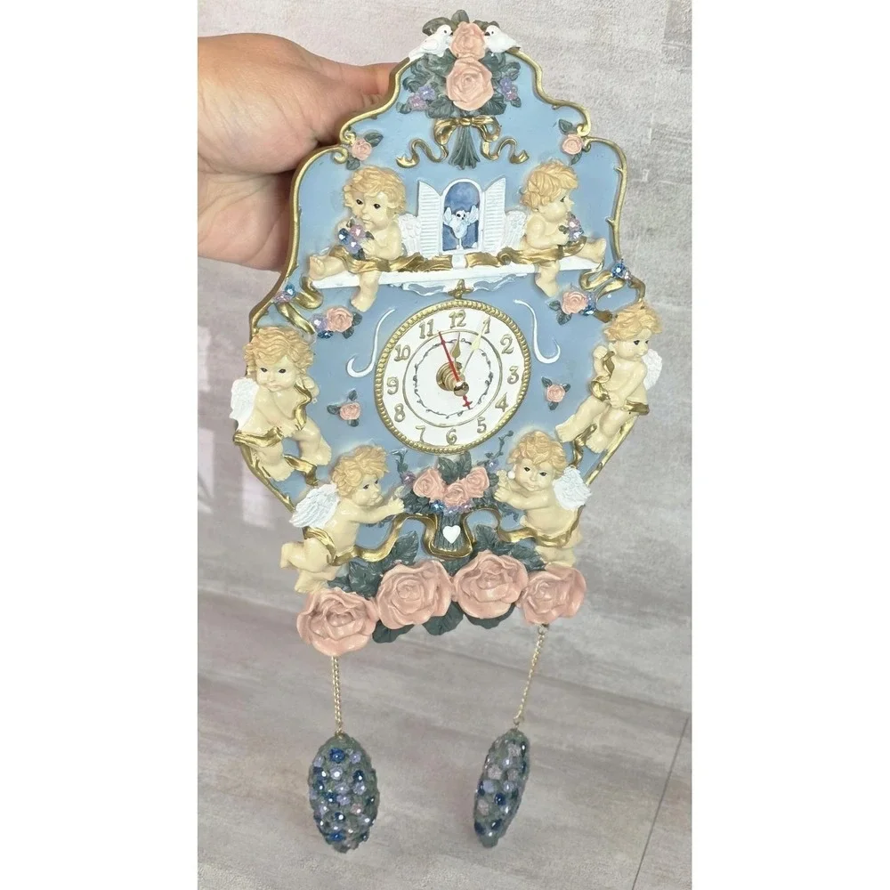 Vintage 3D Cherub Angel Cupid & Roses Hanging Chime Musical Wall Clock Works!